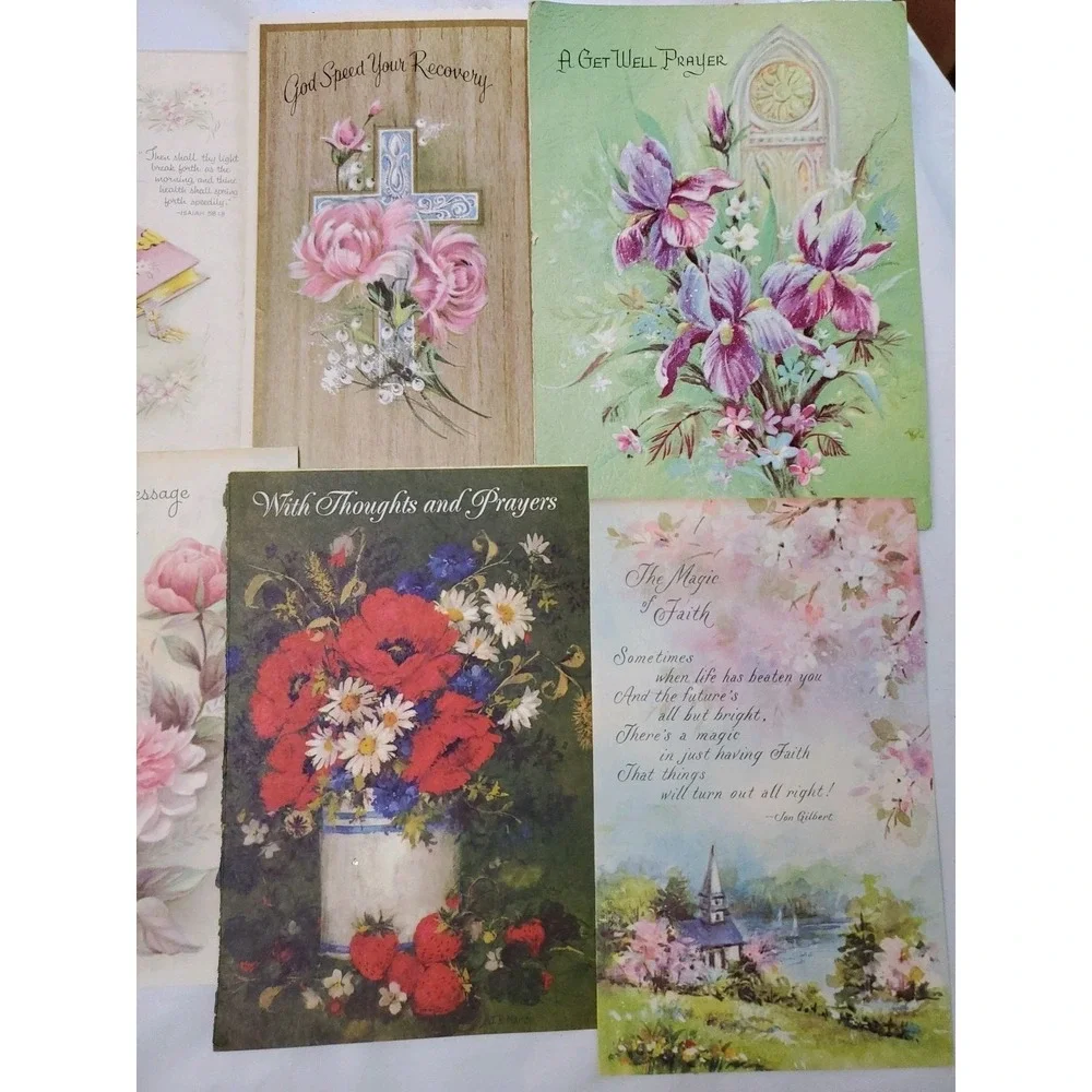 13 Old Vintage Used Greeting Card Fronts Crafts Flowers Get Well Christian Theme
